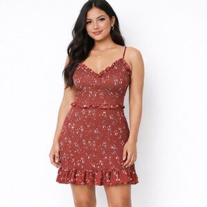 Cloud Sky Rust Dirst Floral Smocked Bodycon Mini Dress Size Medium Fall